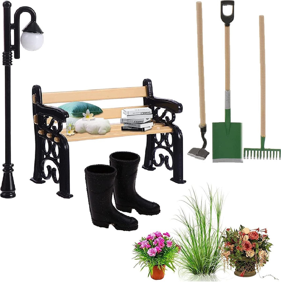 Miniatuurtuinset 6 delig - Tuinbenodigdheden met parkbank en straatlicht - Voor decoratie van miniatuurtuinen - ShopVlot