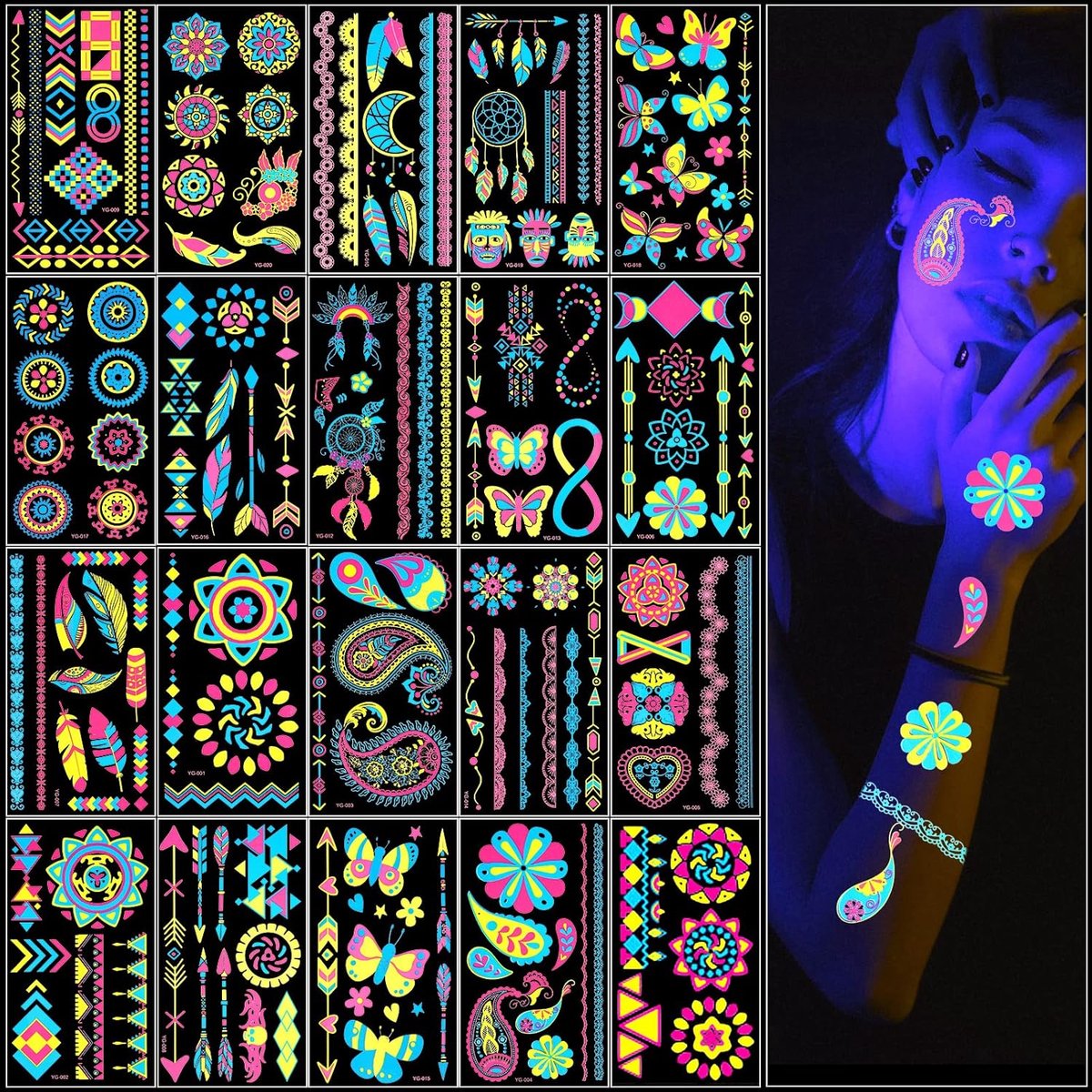 Tijdelijke Tattoos, 200+ Meerdere Ontwerpen Glow in the Dark Neon Tattoos, Flash UV Neon Fake Waterproof Tattoo Stickers Rave Festival Accessoires voor Dames Meisjes Feestartikelen (20ST)