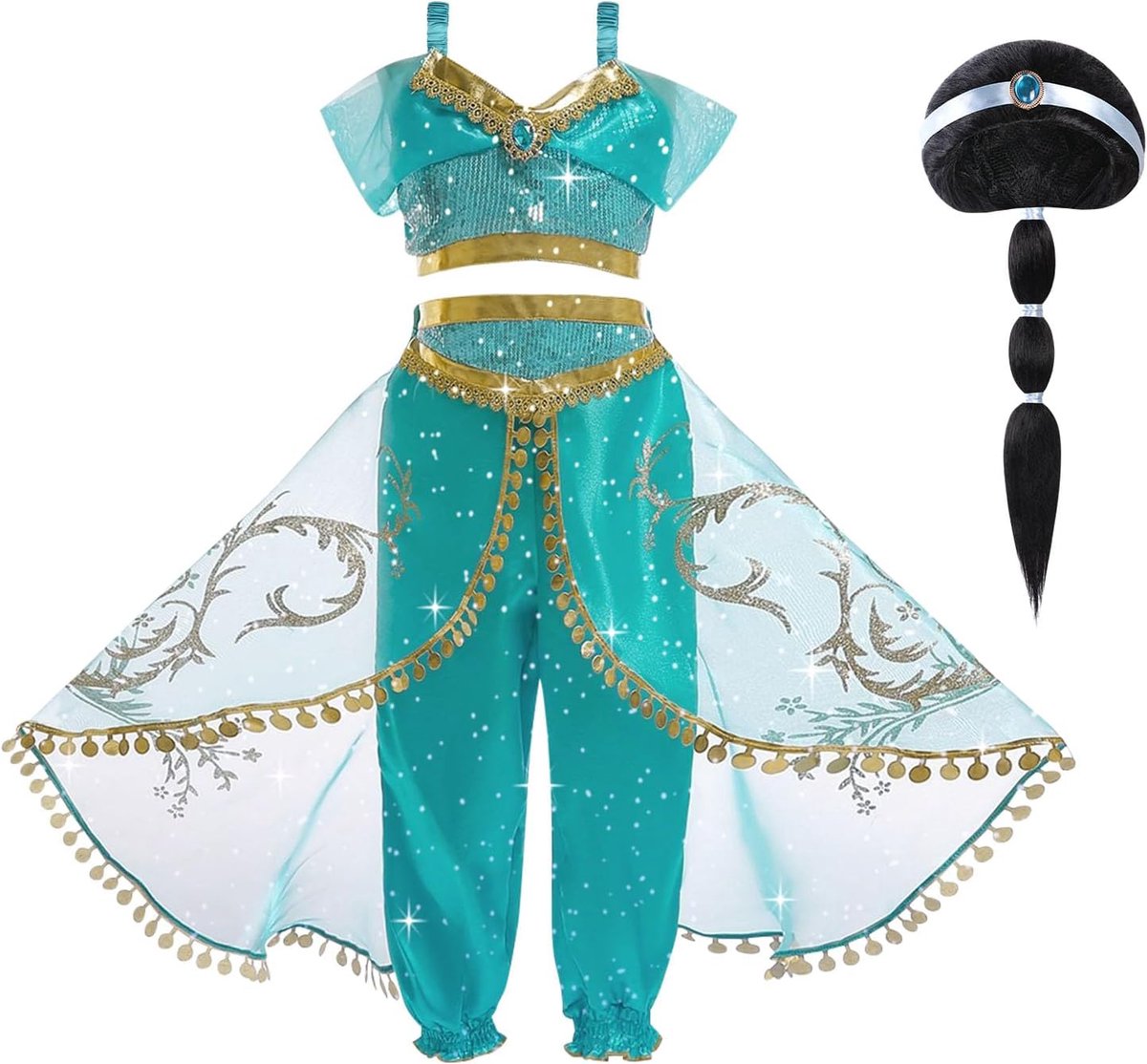 Jasmijn prinsessenkostuum, prinsessenkostuumjurk voor meisjes, Aladdin dansende tops en broeken, met pruik en haarnetje voor cosplay carnaval Halloween verjaardagskostuum