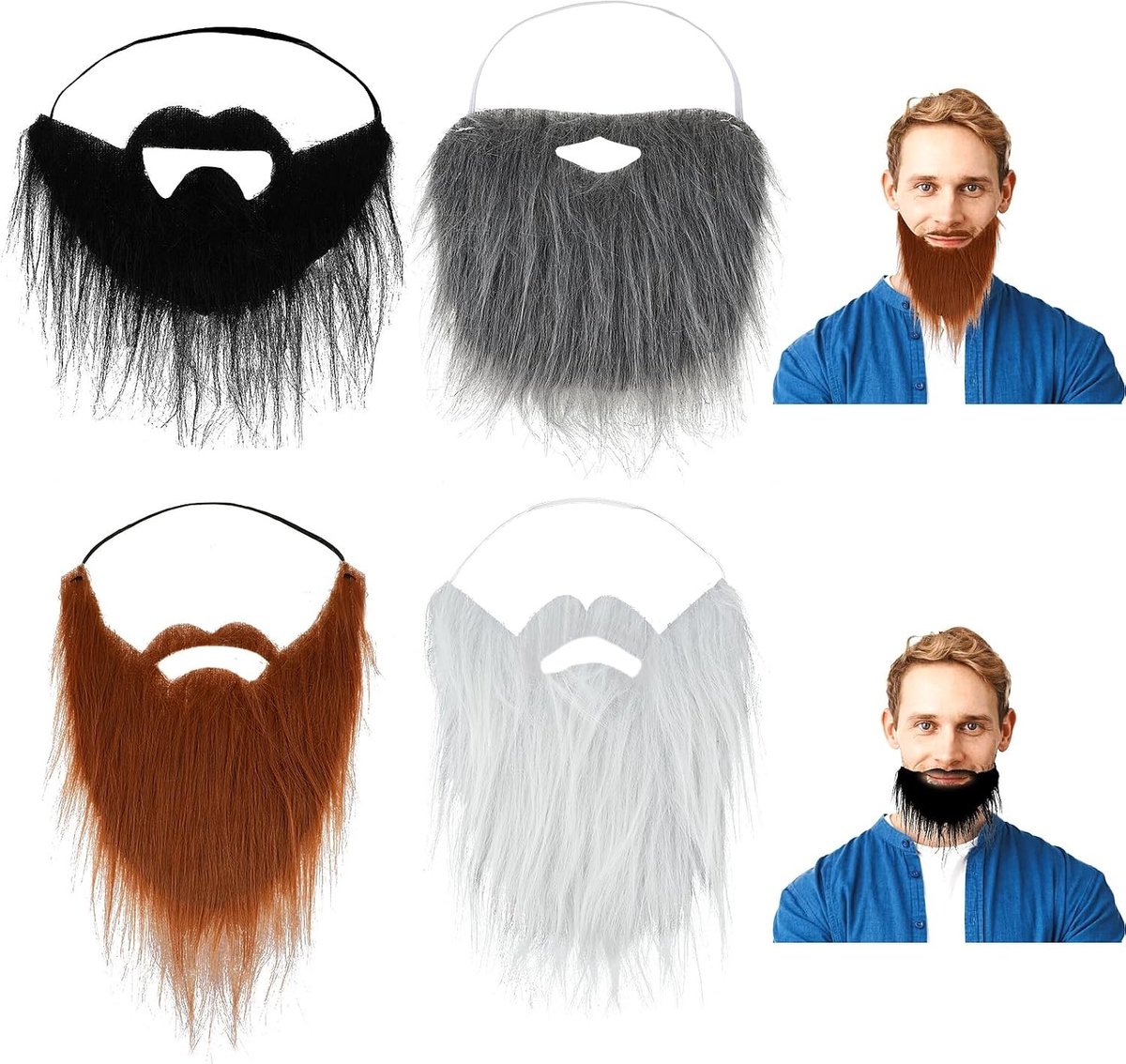 4 Stuks Kunstmatige Baarden - Neppartij Snorren voor Kerstfeest en Verkleedaccessoires voor Volwassenen (4 Kleuren)