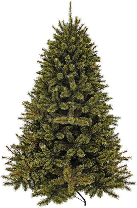 Groene kerstboom met een volle, realistische uitstraling en bruine accenten.