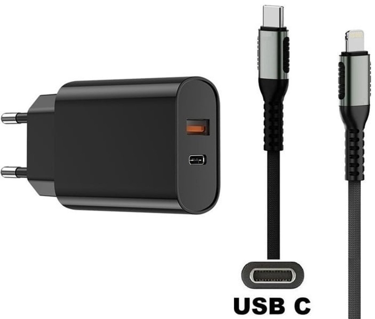 OneOne 20W snellader met 2 poorten en screenprotector van glas voor iPhone 12 + 0,25m USB C naar Lightning kabel. PD lader. Universele oplader adapter. Glazen screenprotector past op Apple iPhone 12