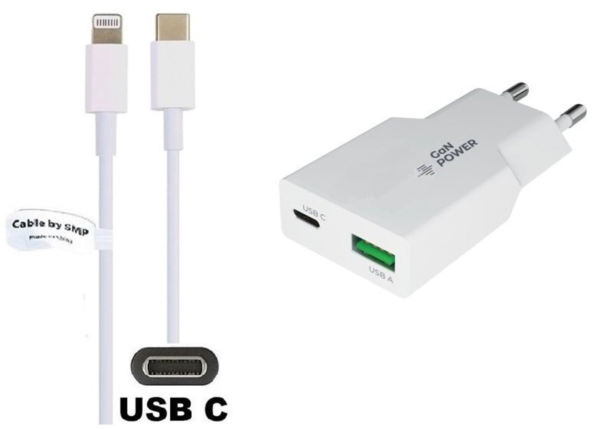 OneOne 36W super snellader met 2 poorten en screenprotector van glas voor iPhone 12 + 2,0m USB C naar Lightning kabel. PD PPS lader. GaN oplader adapter. Glazen screenprotector past op Apple iPhone 12