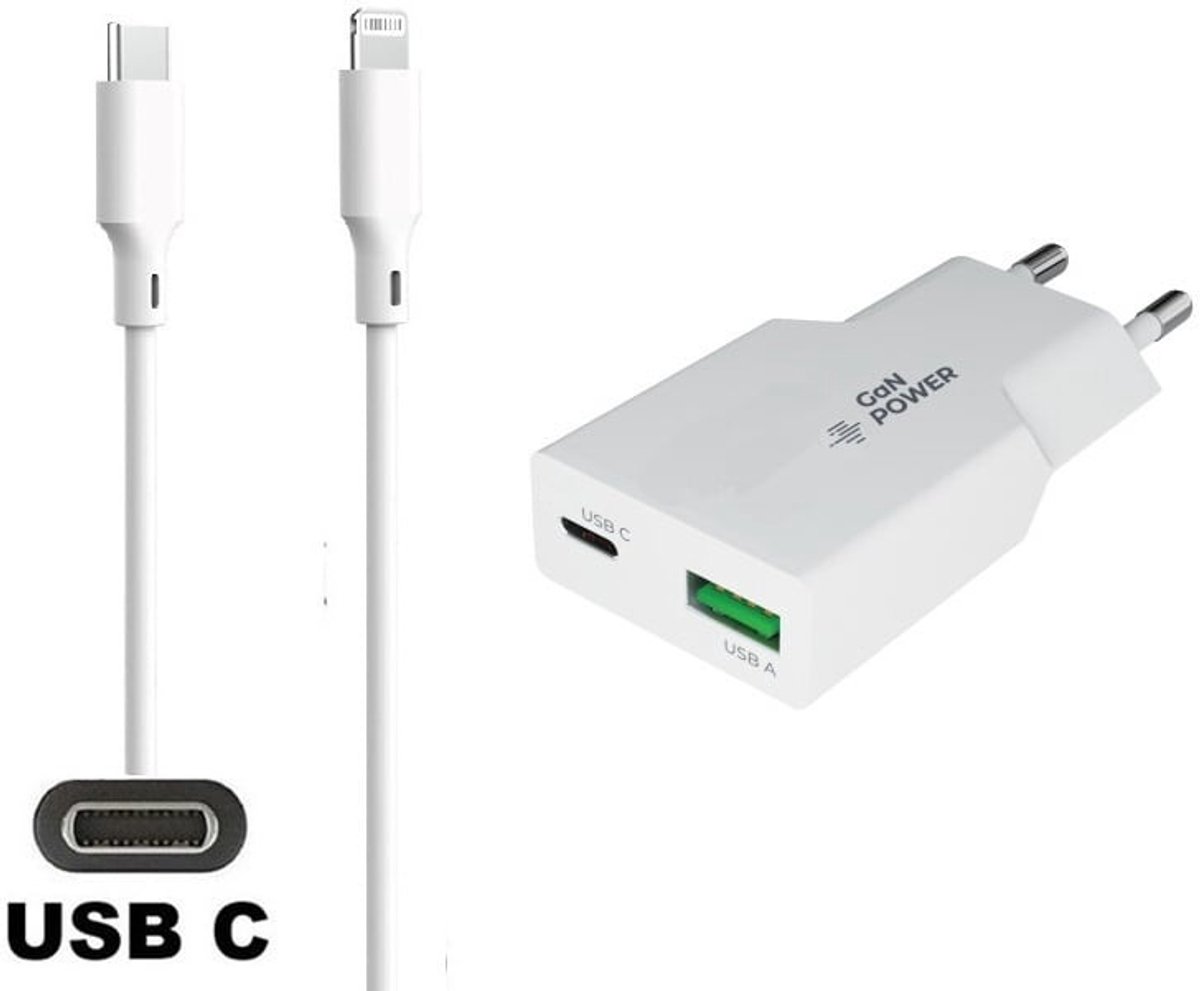 OneOne 30W super snellader met 2 poorten en screenprotector van glas voor iPhone 12 Pro + 1,5m USB C naar Lightning kabel. PD PPS lader. GaN oplader adapter. Glazen screenprotector past op Apple iPhone 12 Pro