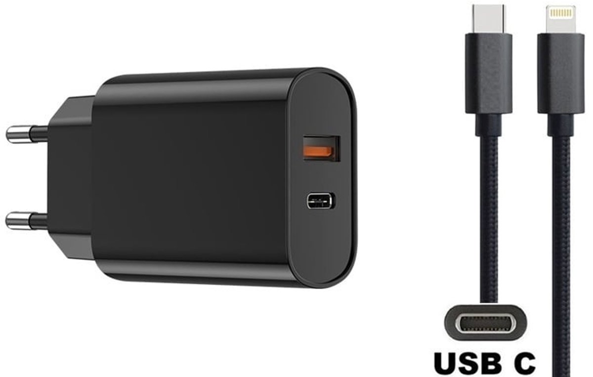 OneOne 20W snellader met 2 poorten en screenprotector van glas voor iPhone 13 Pro Max en iPhone 14 Plus + 2,0m USB C naar Lightning kabel. PD lader. Universele oplader adapter. Glazen screenprotector past op Apple iPhone 13 Pro Max & iPhone 14 Plus
