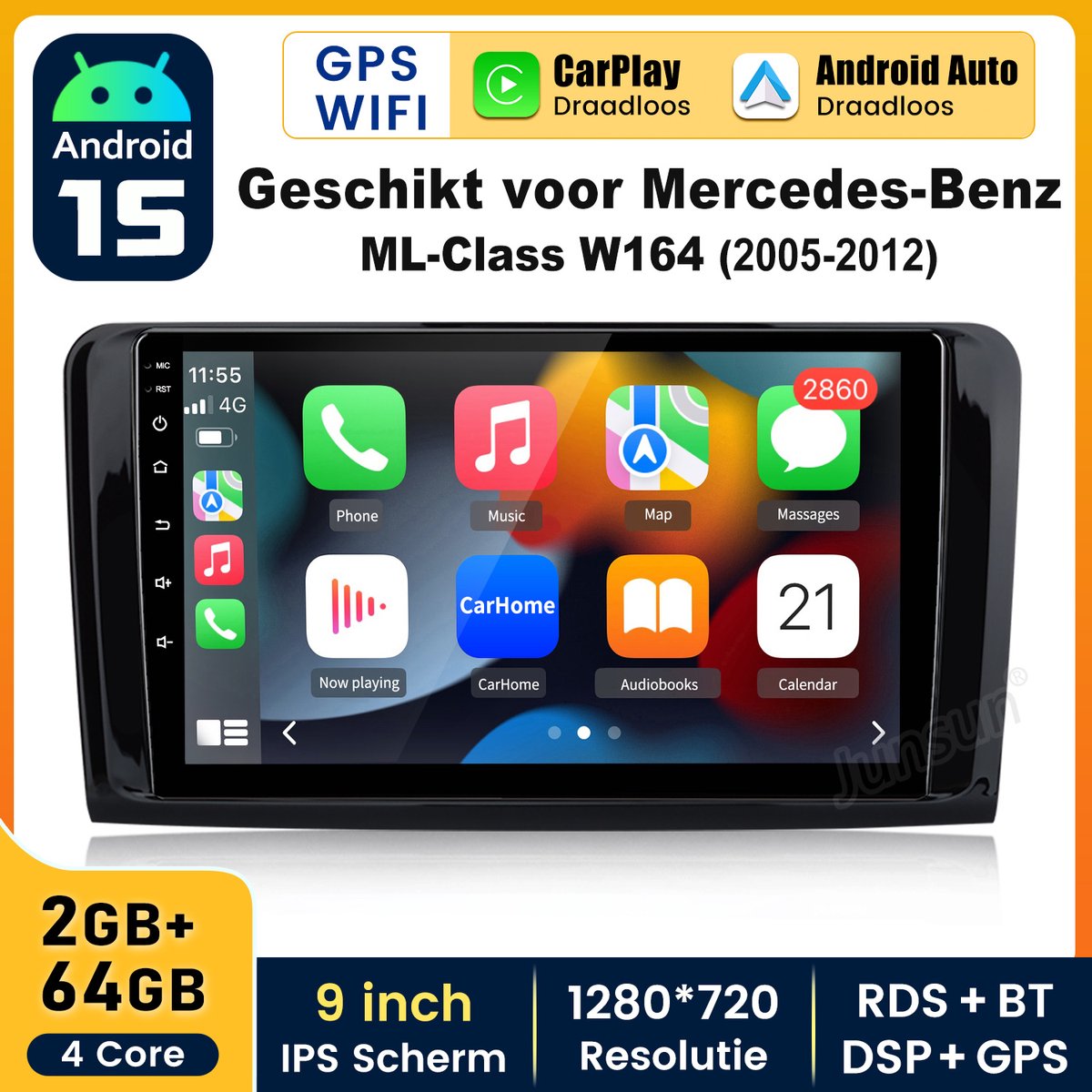 HexinexMarket - Autoradio Geschikt voor Mercedes Benz ML W164 GL 2005-2012 - Draadloos CarPlay, Android Auto, GPS Navi, Android15, multimediaspeler, 2GB+64GB