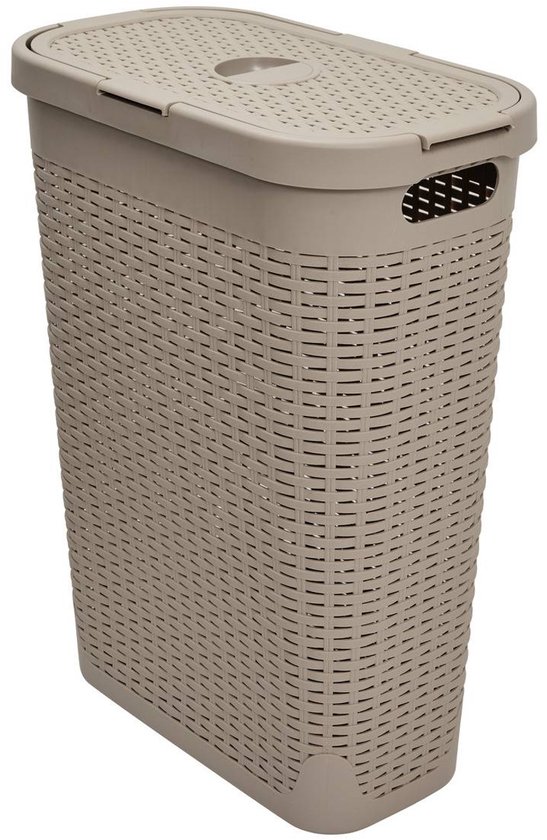 Lichtbruine, smalle wasmand met deksel van gevlochten kunststof, 40 liter.