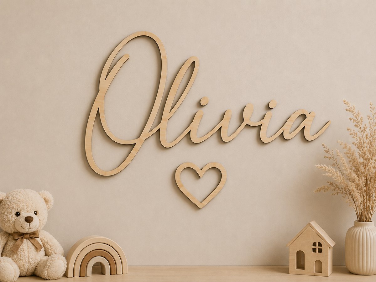 Gepersonaliseerde Houten Naamdecoratie met Hart – 50 x 25 cm – Wanddecoratie Babykamer & Kinderkamer – 5 mm Hout – Uniek Kraamcadeau