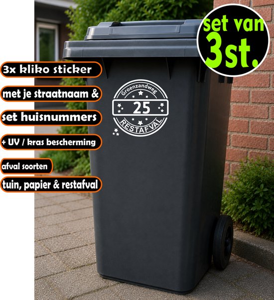 Een grijze kliko met een witte sticker met "Groenzandweg 25 RESTAFVAL" en tekst "set van 3st."