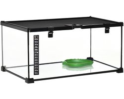 Glazen terrarium voor reptielen 50x30x25cm zwart stalen frame met thermometer, ventilatiedeksel voor hagedissen slangen en spinnen