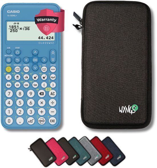 Casio fx-82NL+ rekenmachine met garantie-sticker en donkergrijze WYNGS beschermhoes. Zes kleine hoezen in verschillende kleuren.