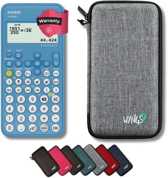 Blauwe Casio fx-82NL+ rekenmachine naast een grijze WYNGS beschermhoes. Meerdere hoezen in diverse kleuren.