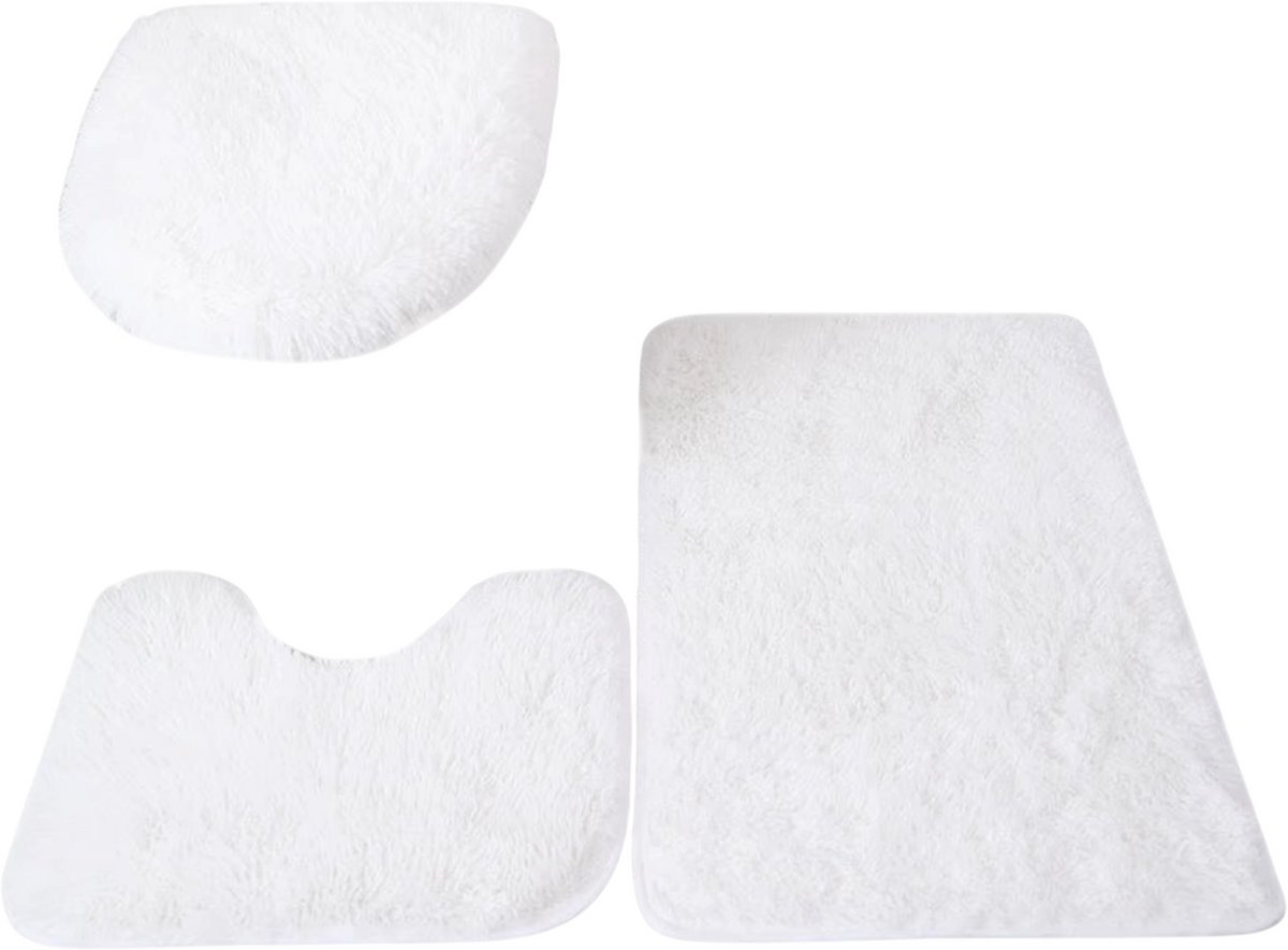 3 Delige Badkamer Mat Set – Antislip Badmatten met Toiletmat, WC Deksel Hoes, Zachte Pluizige Badkamerkleed en Badkamer Tapijt - Wit