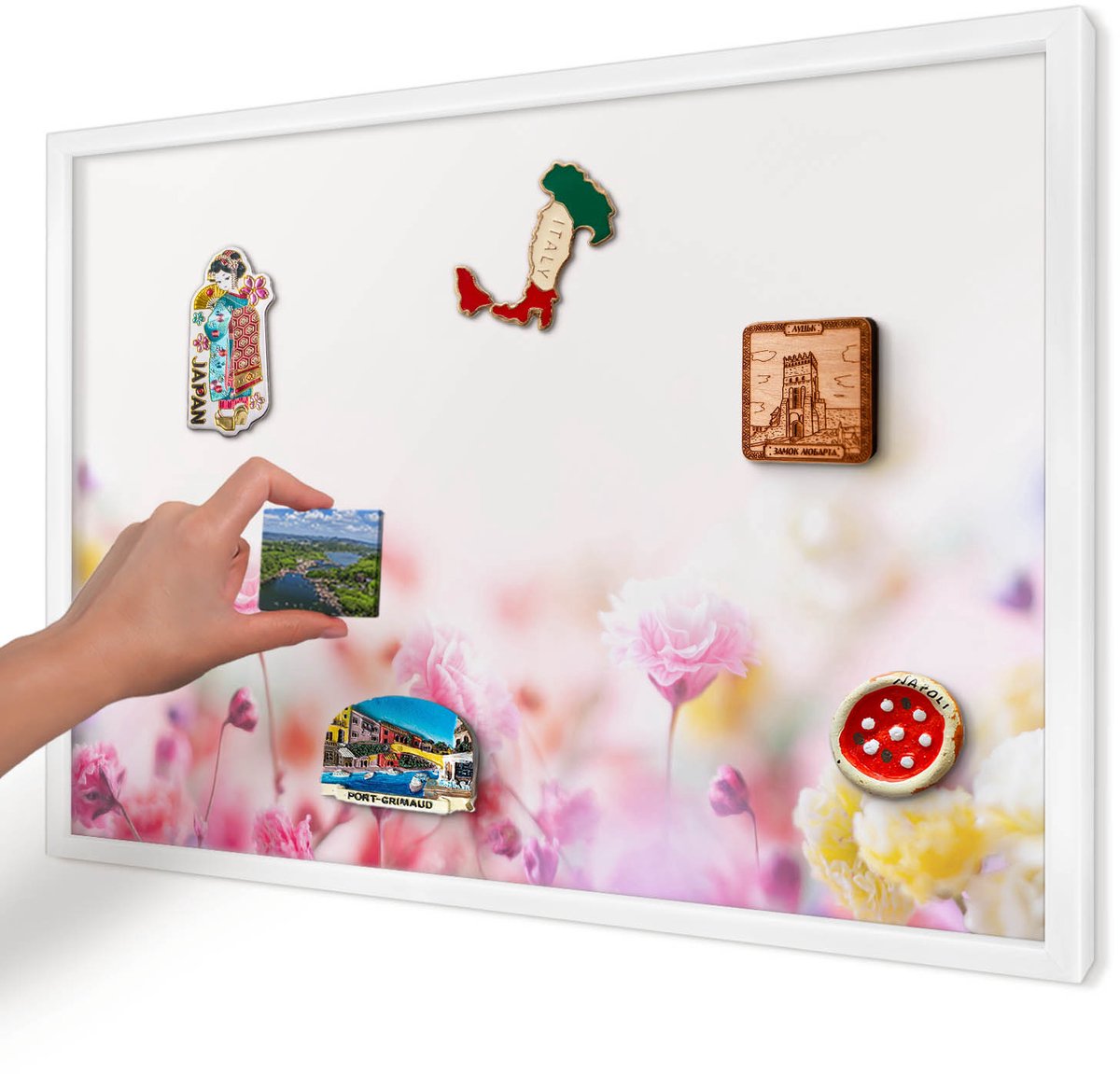 Artprintcave Roze Magneetbord mit Witte Lijst - 60x40 cm - Pastelkleurige Bloemen Magnetische Organizer - Abstract Magnetisch Bord - Bloemen En Planten