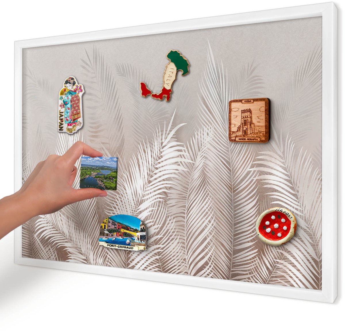 Artprintcave Beige Magneetbord mit Witte Lijst - 60x40 cm - Bladeren Van De Natuur Memobord Keuken - Minimalist Magnetisch Bord - Bloemen En Planten