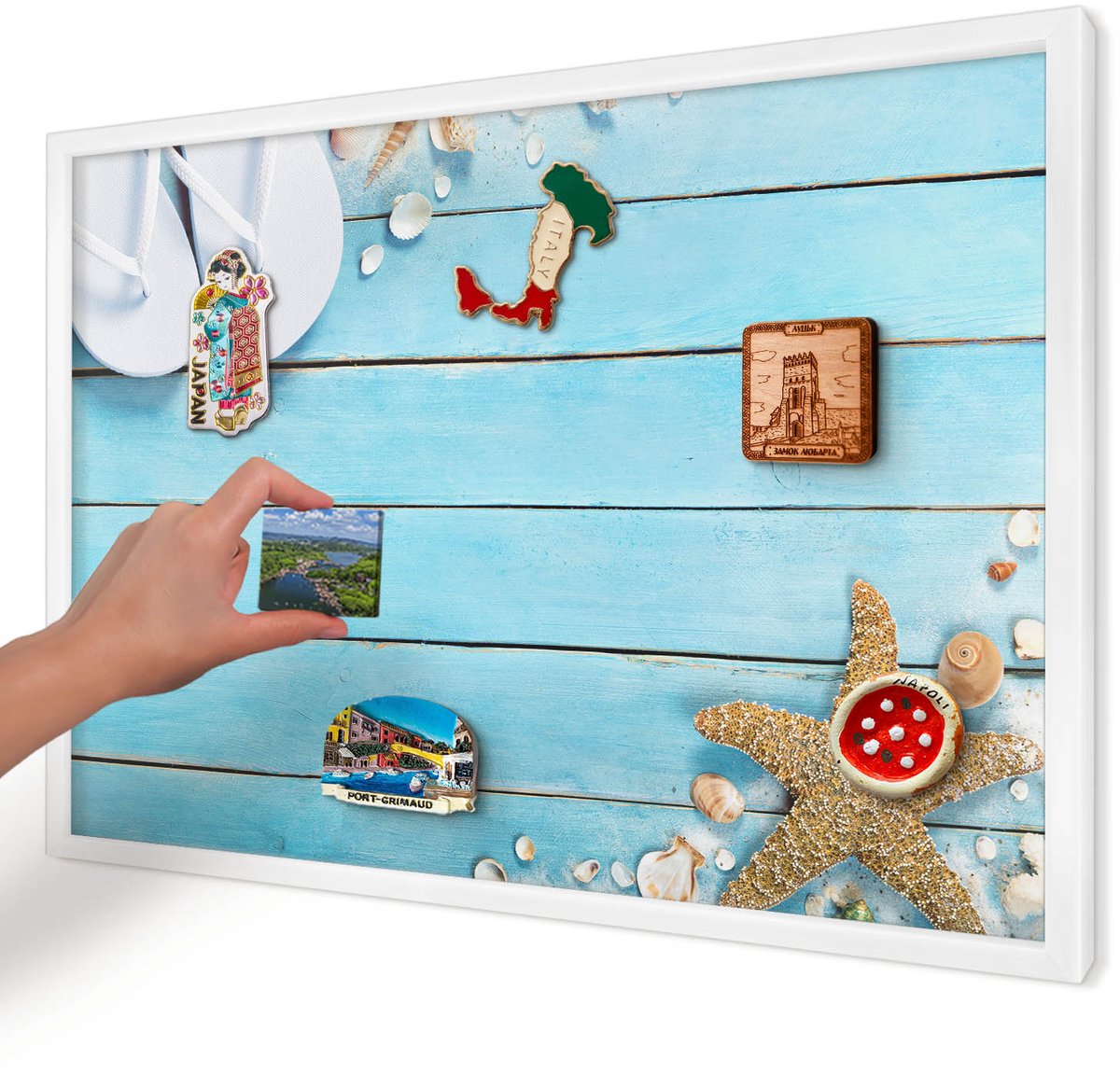 Artprintcave Blauw Magneetbord mit Witte Lijst - 60x40 cm - Vakantierust Magnetisch Bord Voor Magneten - Fotografisch Magneetbord Voor Keuken - Landschappen