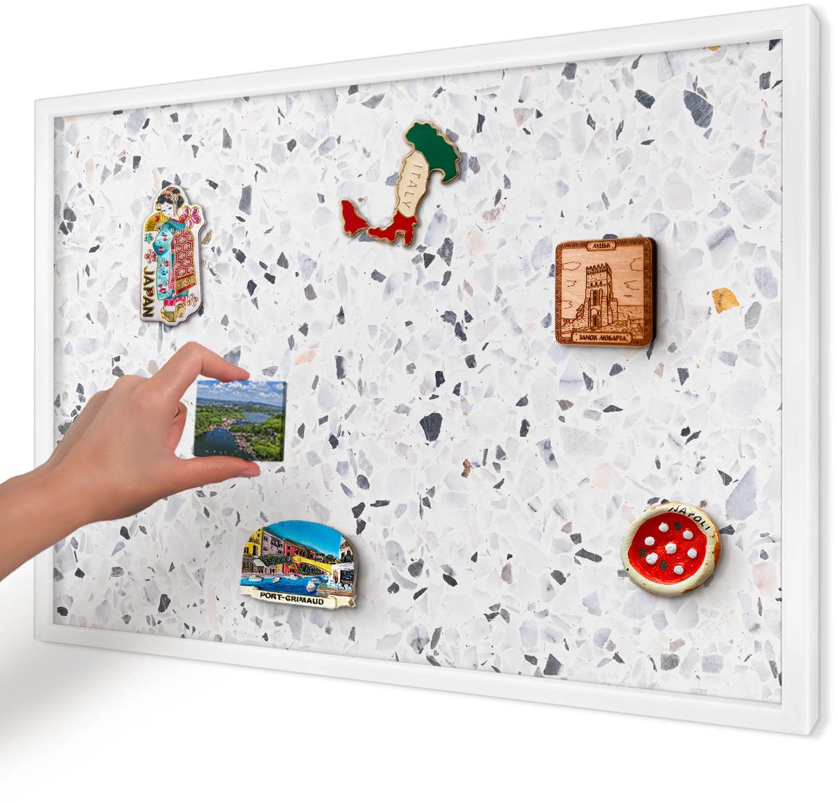Artprintcave Wit Magneetbord mit Witte Lijst - 60x40 cm - Terrazzo-Stijl Memobord Keuken - Minimalist Magnetisch Bord - Texturen
