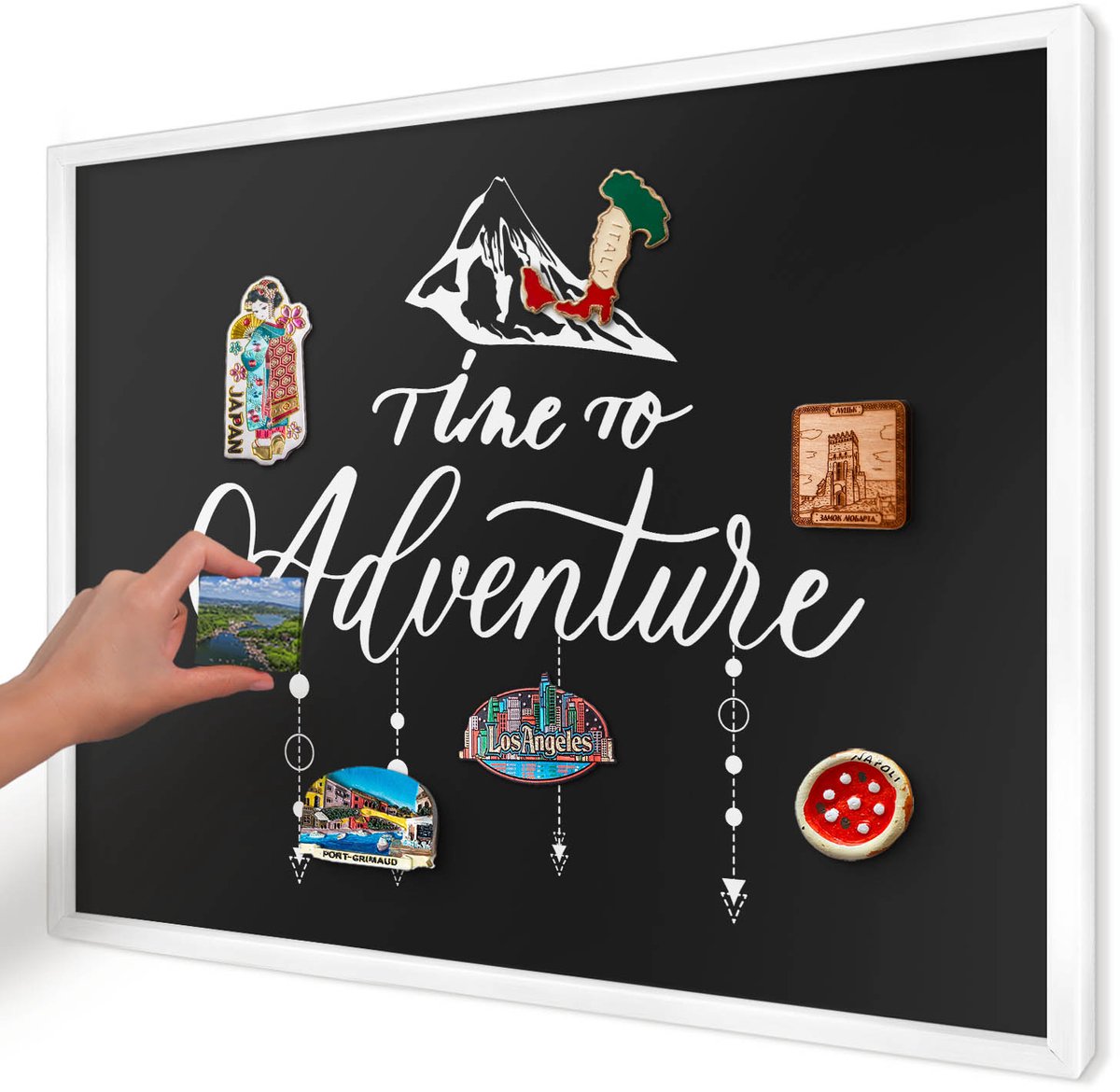 Artprintcave Zwart Magneetbord mit Witte Lijst - 70x50 cm - Avontuur Wacht. Magneet Bord mit Frame - Modern Magnetisch Bord - Teksten