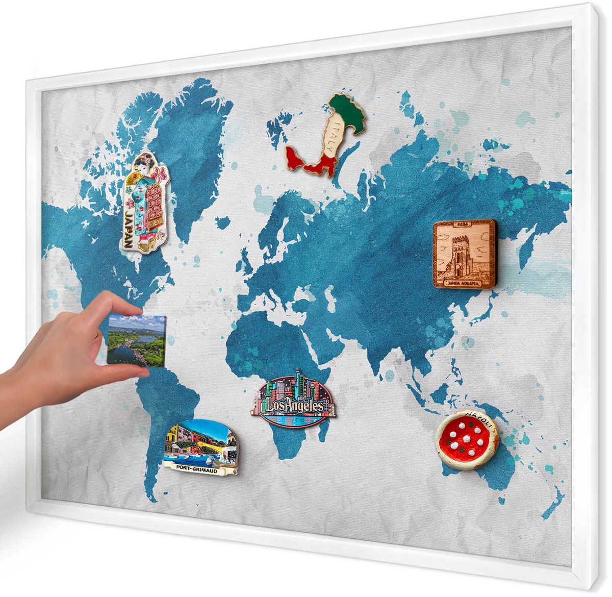 Artprintcave Blauw Magneetbord mit Witte Lijst - 70x50 cm - Aquarelkaart Magnetische Organizer - Waterverf Magnetisch Bord Voor Magneten - Kaarten