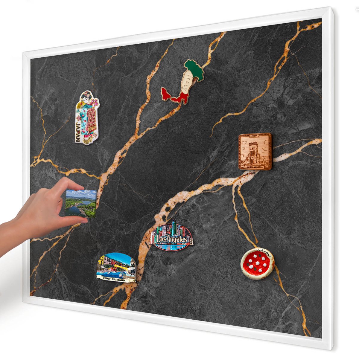Artprintcave Zwart Magneetbord mit Witte Lijst - 80x60 cm - Marmeren Linten Magnetisch Bord - Abstract Magnetisch Bord Voor Magneten - Texturen