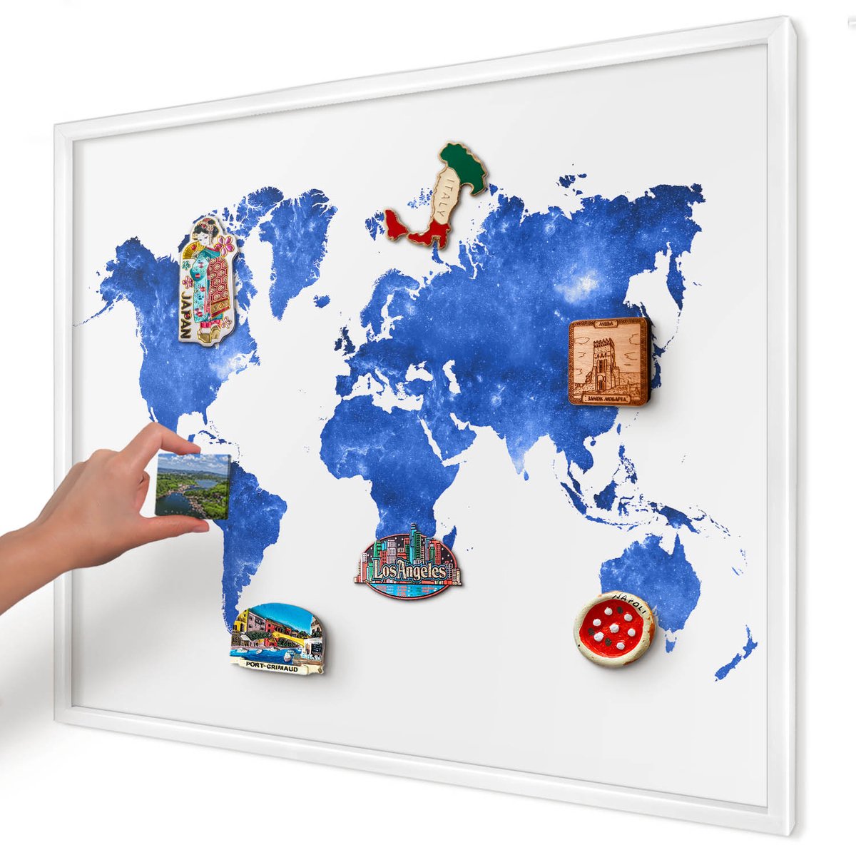 Artprintcave Blauw Magneetbord mit Witte Lijst - 80x60 cm - Wereldkaart Magnetisch Bord Voor Magneten - Abstract Magneet Bord mit Frame - Kaarten