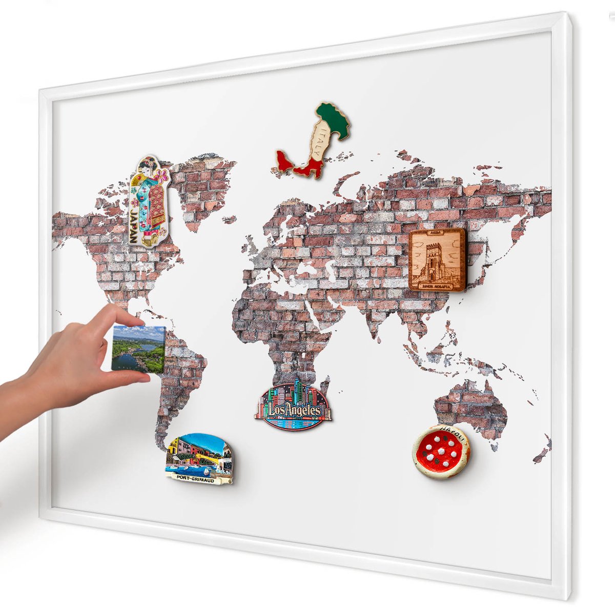 Artprintcave Wit Magneetbord mit Witte Lijst - 80x60 cm - Baksteenwereld Notitiebord - Industrieel/Loft Memobord Keuken - Kaarten