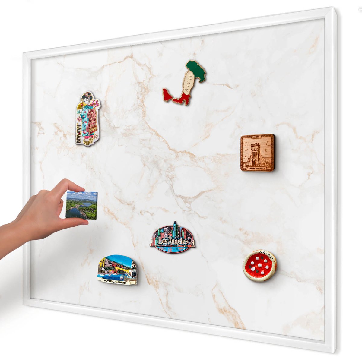 Artprintcave Wit Magneetbord mit Witte Lijst - 80x60 cm - Marmeren Elegantie Magneetbord Voor Keuken - Modern Magneetbord Voor Foto's - Texturen