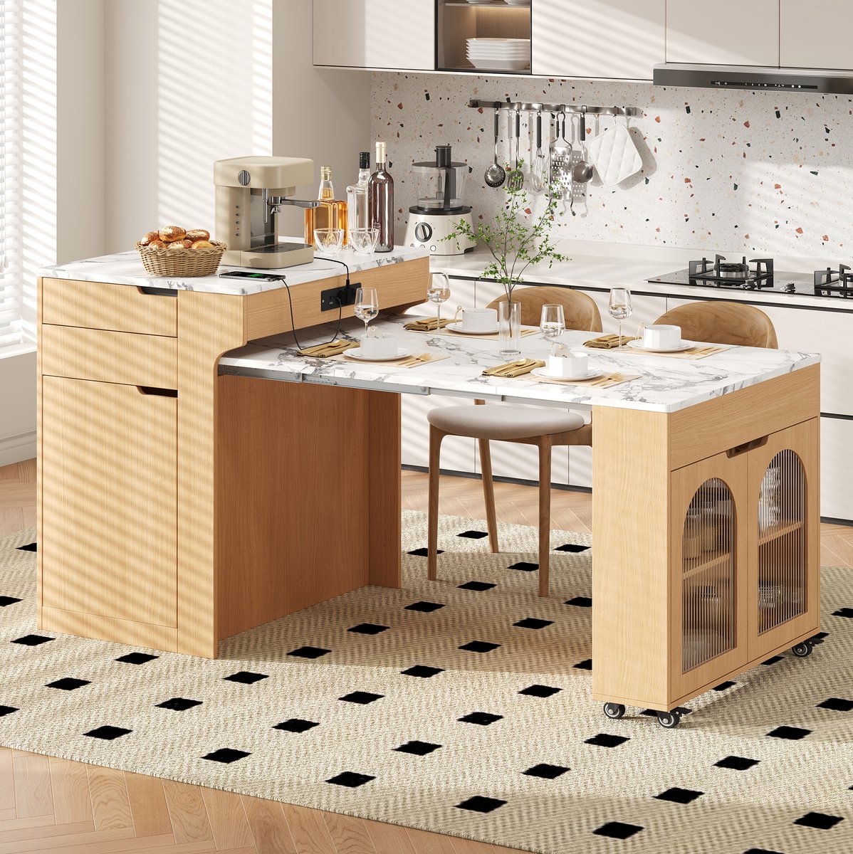 FloraGrace Eettafel - Uitschuifbaar Keukeneiland Met Stopcontact En Lades - Voor Keuken En Eethoek - Hout En Glas - 55-153x80x93 Cm - Naturel