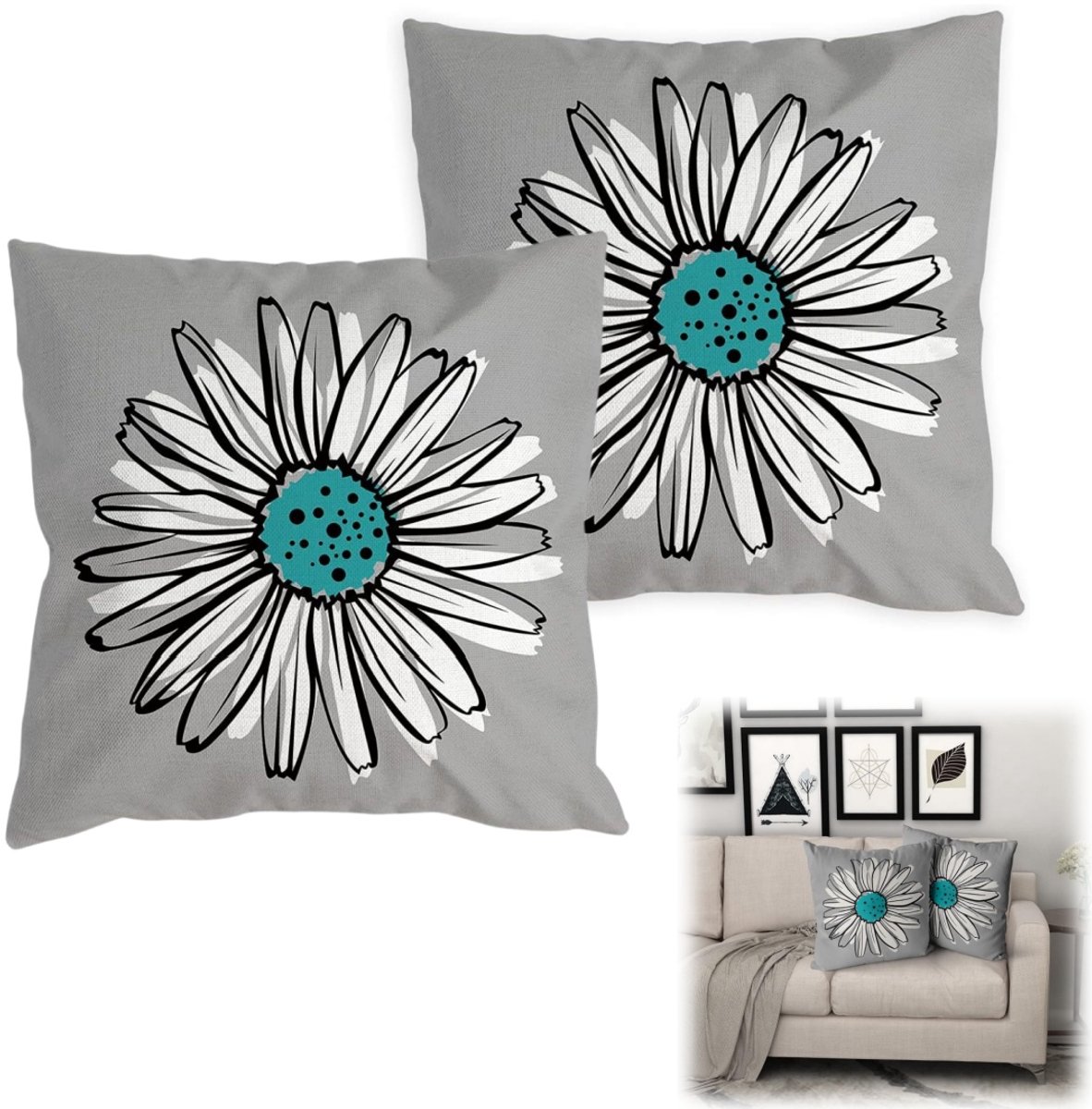 2 delige Kussenslopen - Kussenhoes - Sierkussensloop - Vierkante kussensloop - Enkelzijdig patroon - Bloemendecoratie - Imitatie linnen - Voor woonkamer, bank, auto, slaapkamer, kantoor (45*45cm - Grijs)