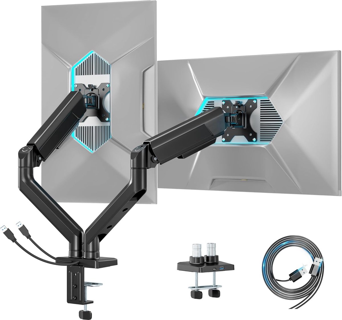 SnelShoppen - Dubbele Monitorarm voor 17-35 inch Monitoren, VESA 75/100mm, Draagvermogen 2-12 kg, Met USB-A & USB-C Poorten, Kabelbeheer, Kantel- en D