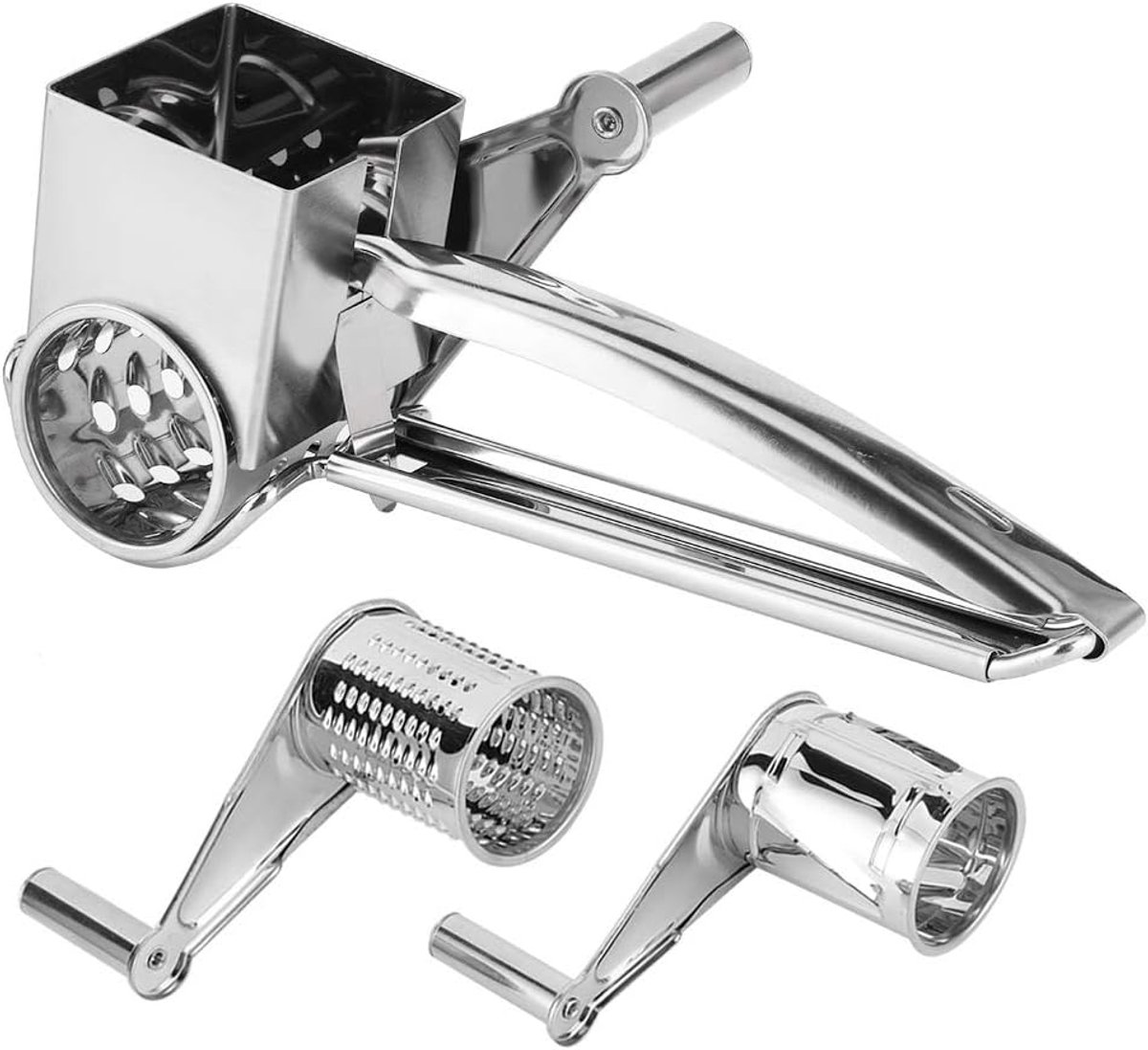 SnelShoppen - Multifunctionele RVS Draai Kaasrasp Snijgrater Handgebogen Keukenhulpmiddel met 3 Verwisselbare Trommels