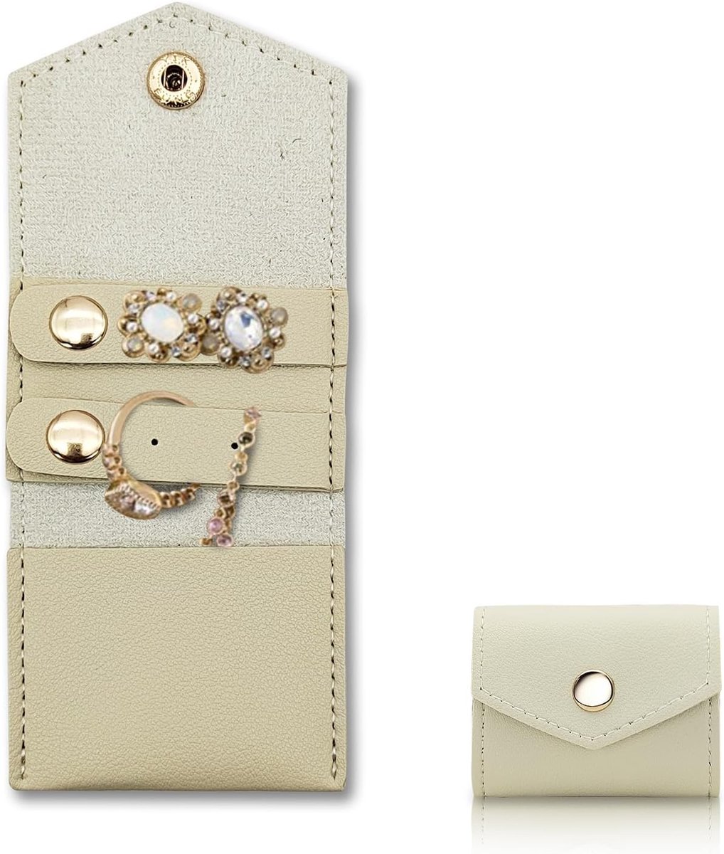 Sieradenbox klein - beige PU leer - opvouwbaar - ideaal voor reis - SnelShoppen