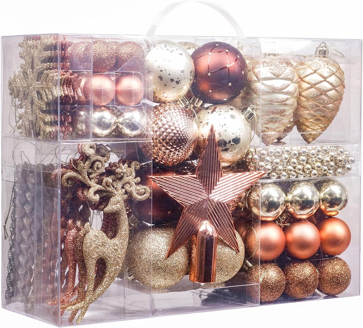 Kerstballen 100 stuks 3-15 cm - Koper en Goud - Matte en Glanzende Sequins - SnelShoppen