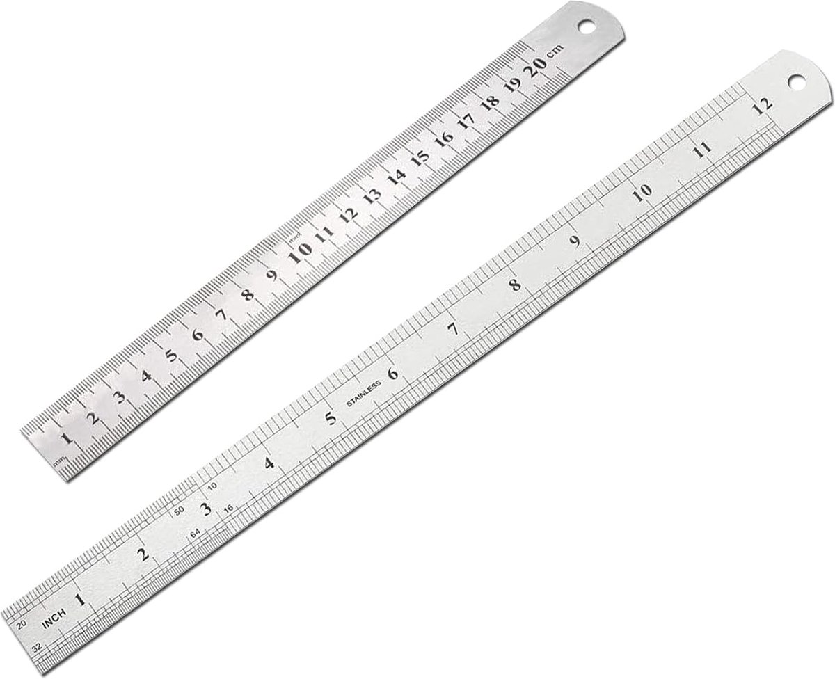 SnelShoppen - 2 Stuks Metalen Liniaal Set - 8/12 Inch (20/30cm) RVS Schokbestendige Meetlat voor School, Kantoor en Educatie