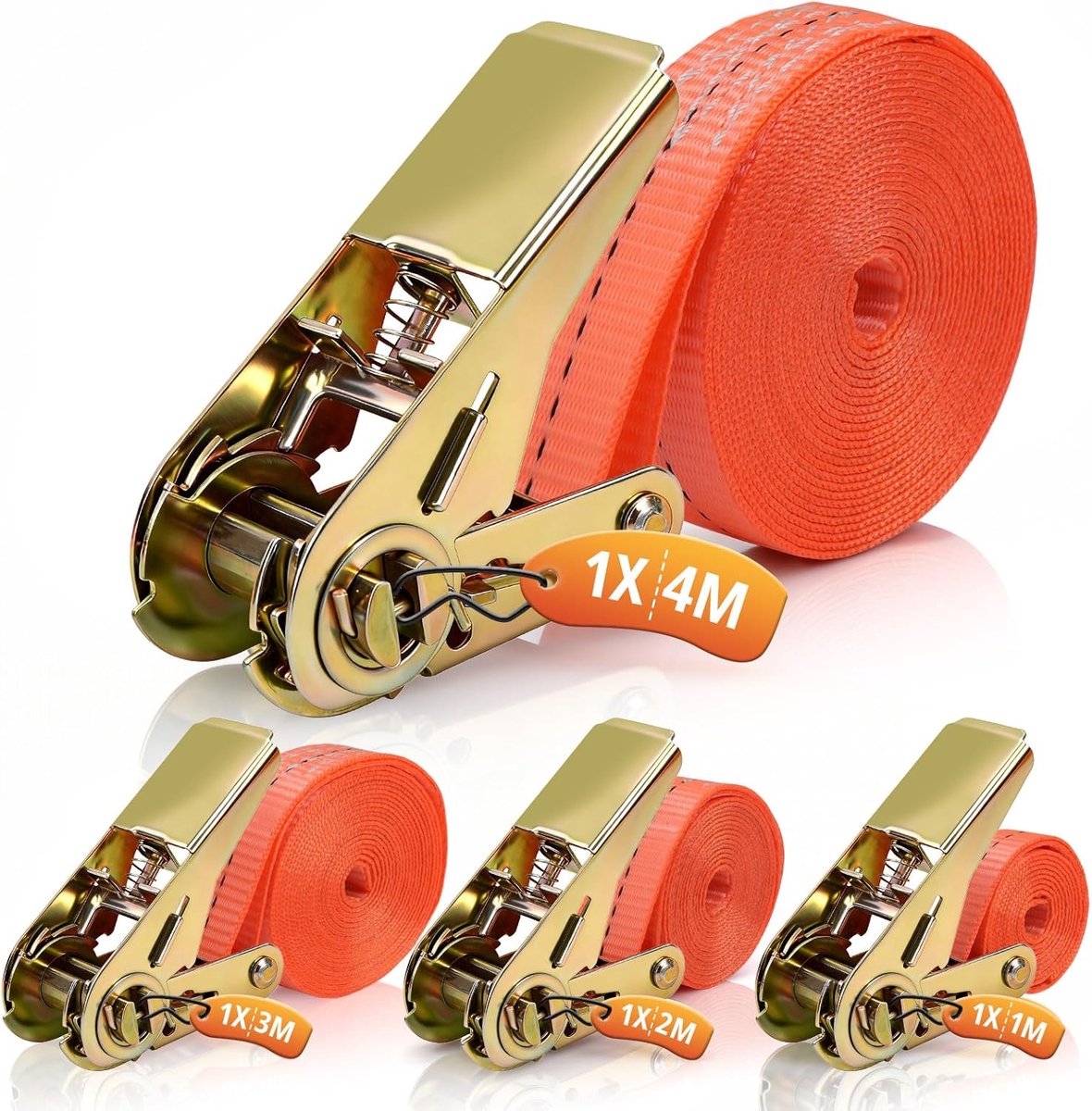 SnelShoppen - Set van 4 Ratchet Straps 1m, 2m, 3m, 4m - 25mm Breed - Tot 800kg Belastbaar - Ideaal voor Vervoer en Beveiliging van Lading