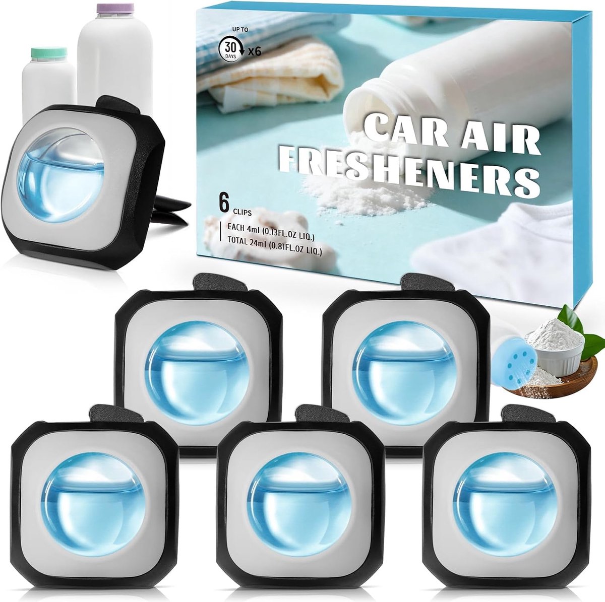 Luchtverfrisser ventilatieclip - babypoeder - 6 stuks x 4 ml - verfrissende geur - ideaal voor auto - ShopVlot