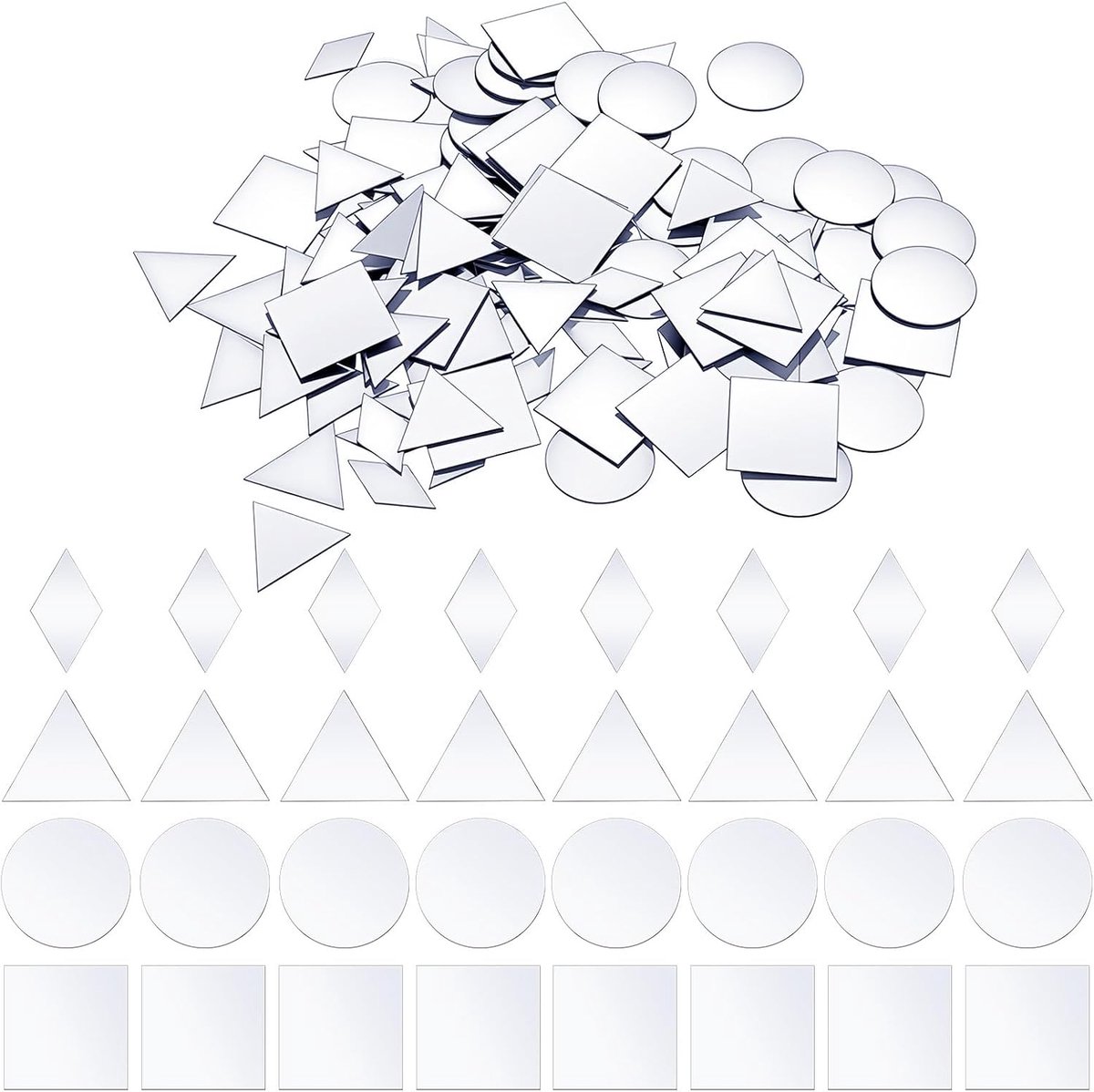 SnelShoppen - 120 stuks kleine spiegels voor knutselen, 4 vormen mozaïek glasstukken, 1 inch mini spiegeltegels voor disco bal lamp omlijsting decorat
