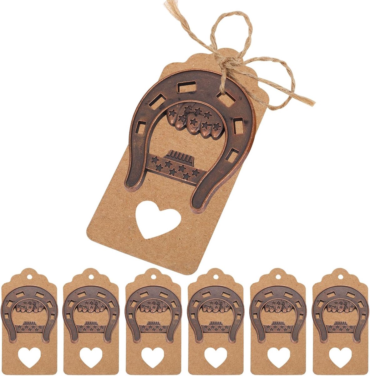 6 stuks hoefijzers decoratieset, 5 x 6 cm hoefijzer geluksbrenger met hennepkoord en kraftpapier-label, voor feestjes - ShopVlot