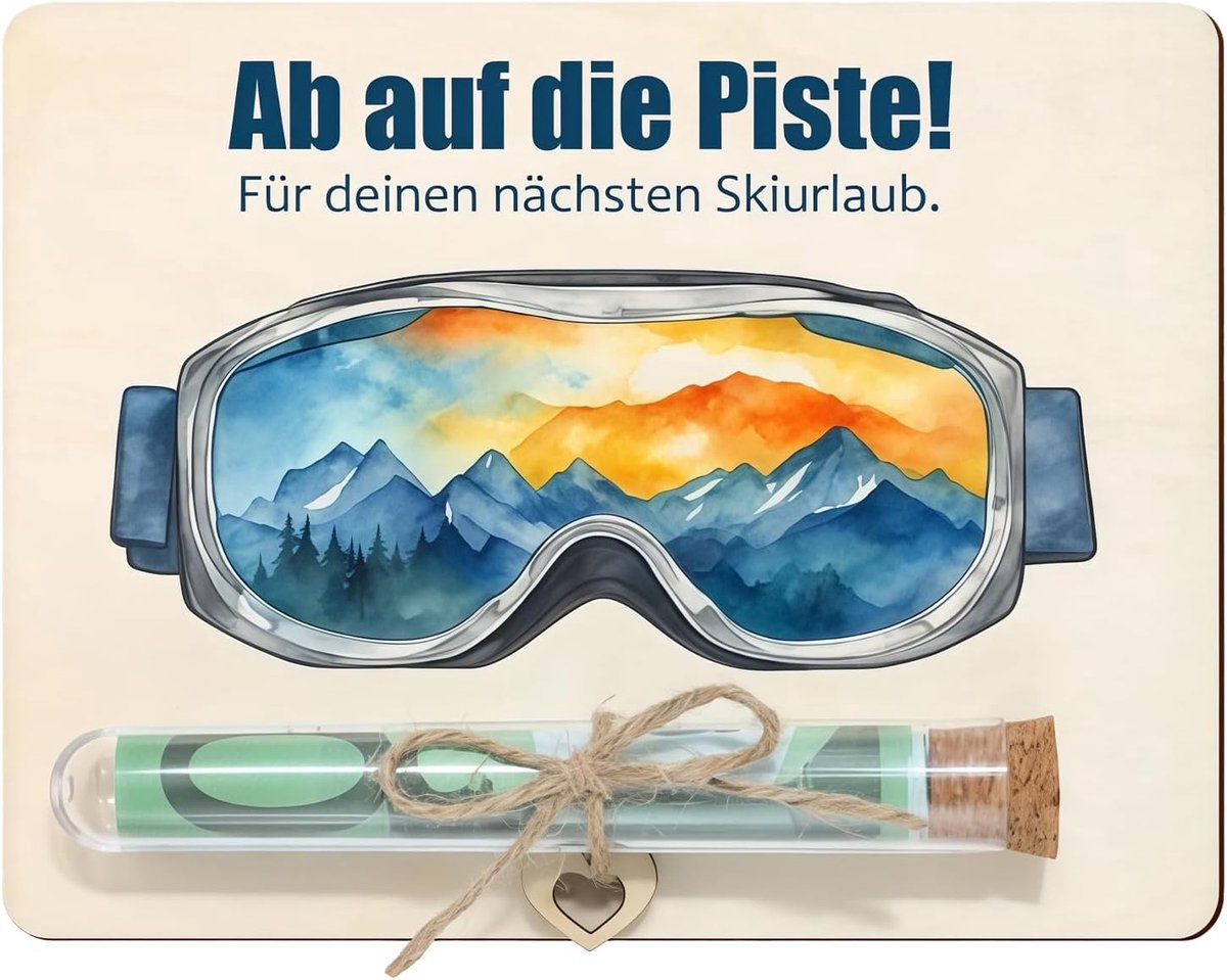 SnelShoppen - Skiën Geldgeschenk in Houten Verpakking met Reageerbuis - Origineel Cadeau voor Mannen, Verjaardag, Familie, Vriend, Collega - 13 x 10 c