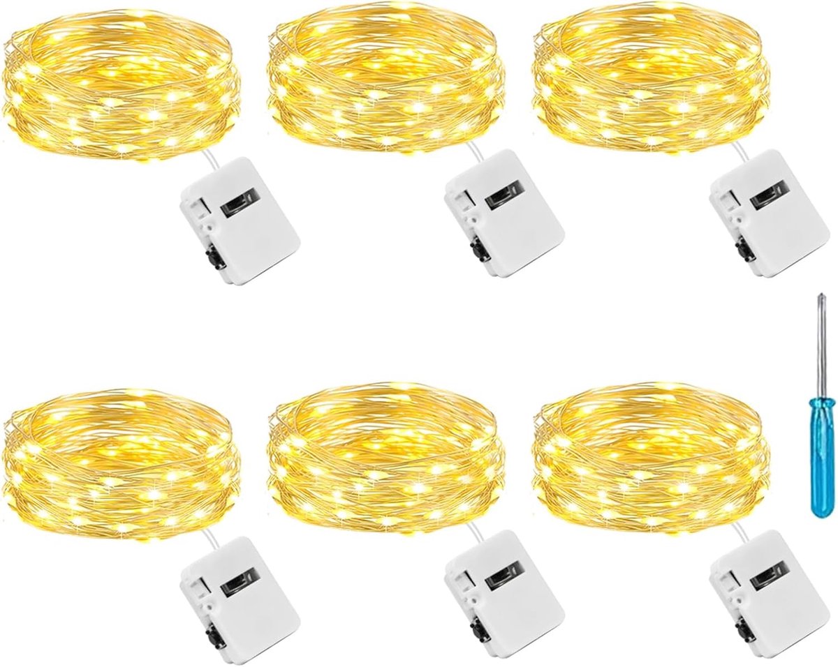 SnelShoppen - 6 Delige 2 Meter LED Lichtketting met Accu, 20 Warm Witte Sfeerverlichting, 3 Verlichtingsmodi voor Feest, Tuin, en Interieurdecoratie