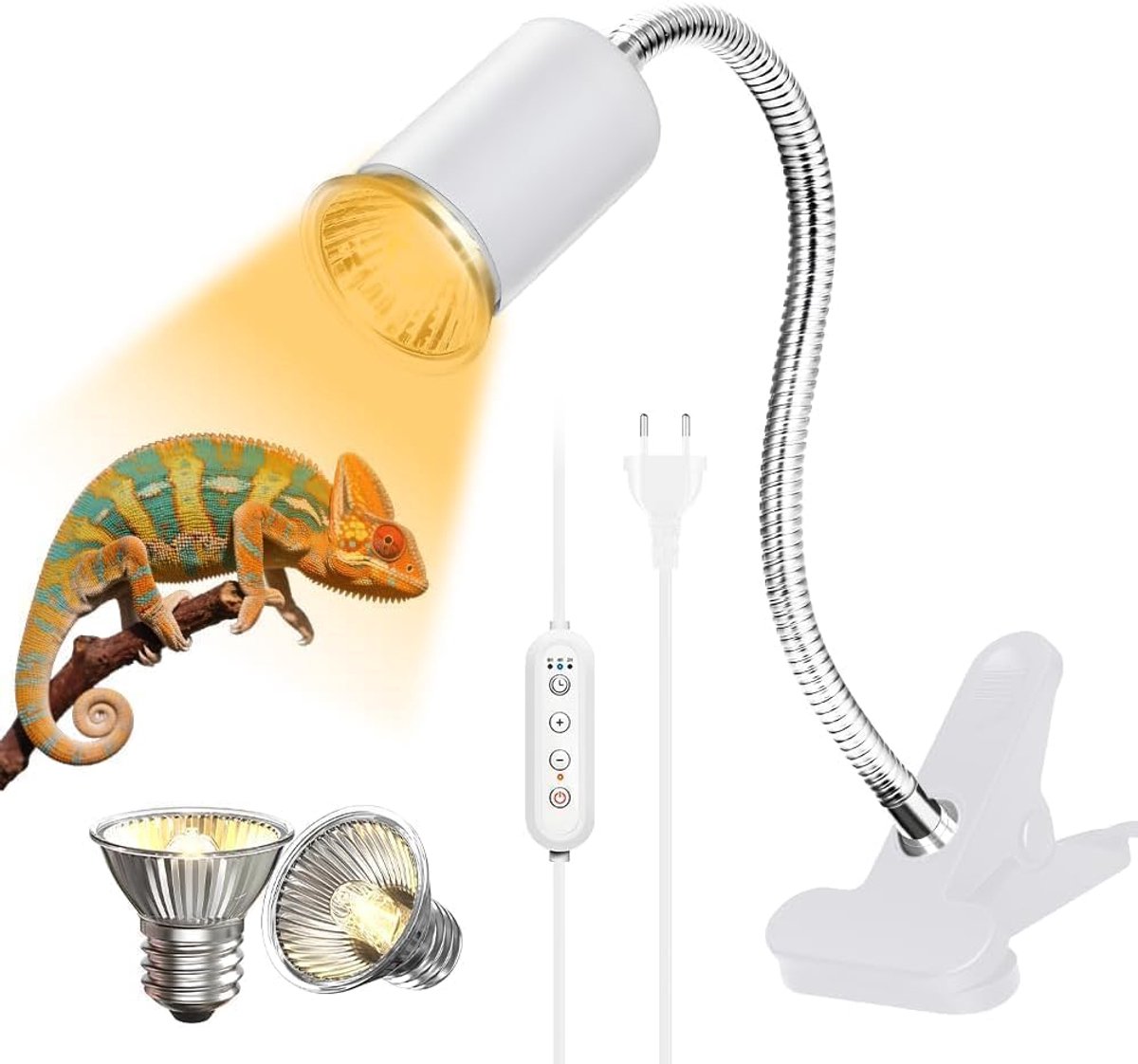 SnelShoppen - Heat Lamp voor Schildpadden, 50W Terrarium Verwarmingslamp met Timer, UVA UVB Lamp incl. 2 Basking Spot Lampen E27 Fitting voor Reptiele