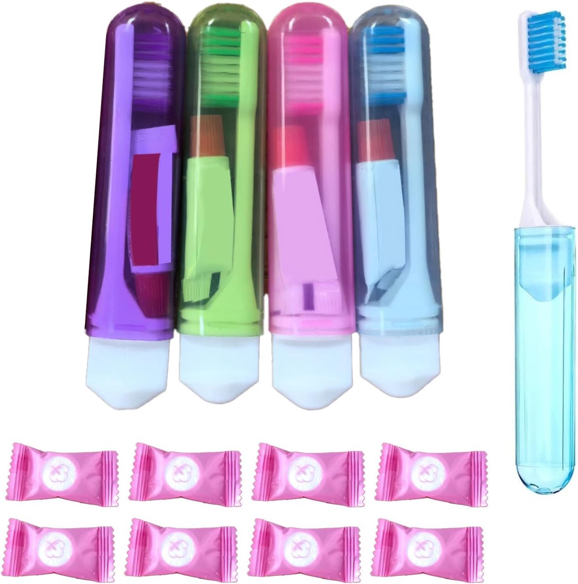 SnelShoppen - 4 Stuks Reis Tandenborstel en Tandpasta Set, Vouwbare Tandenborstel voor Kinderen en Volwassenen, Camping Reis, 8 Gecomprimeerde Handdoe