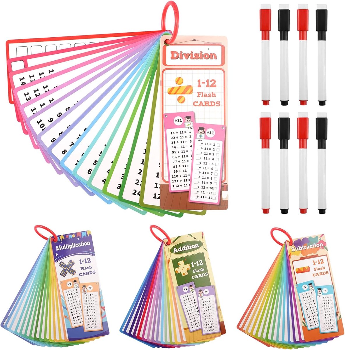 SnelShoppen - 4 Types Leerkaarten Voor Kinderen, 60 Bladen Rekenskaarten, Herbruikbaar, Vermenigvuldigingskaarten Met 8 Uitwisbare Stiften Voor Thuis