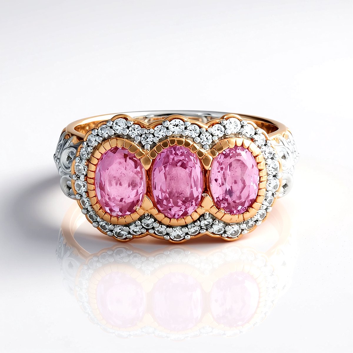 Cavill - Zilveren ring met 3x ovale Kunzietstenen 3,05 ct & 34x Cambodjaanse zirkonia 0,46 ct - 925 Sterling Zilver Palladium - Elegant
