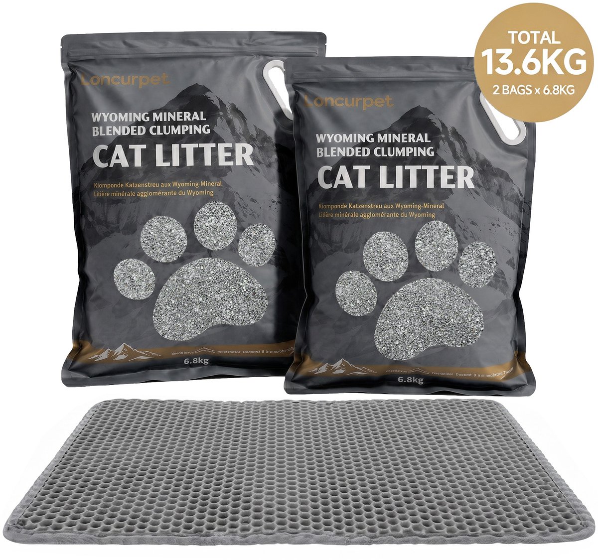 Loncurpet - Kattenbakvulling - Kattengrind Met kattenbakmat - Wyoming Natrium Bentoniet Klei +Cassava - 2 x 6,8kg - Ultra klontvormend - 100% stofvrij - Plakt niet - Geurneutraal