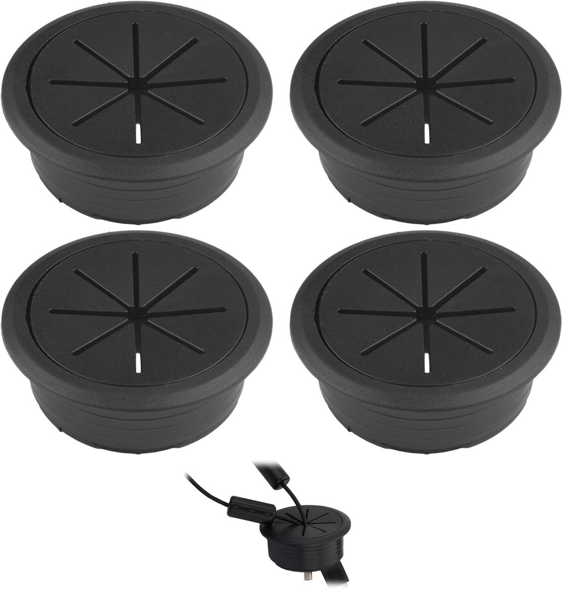 Pack of 4 cable passages for desk, 60 mm, black plastic cable guide - ShopVlot