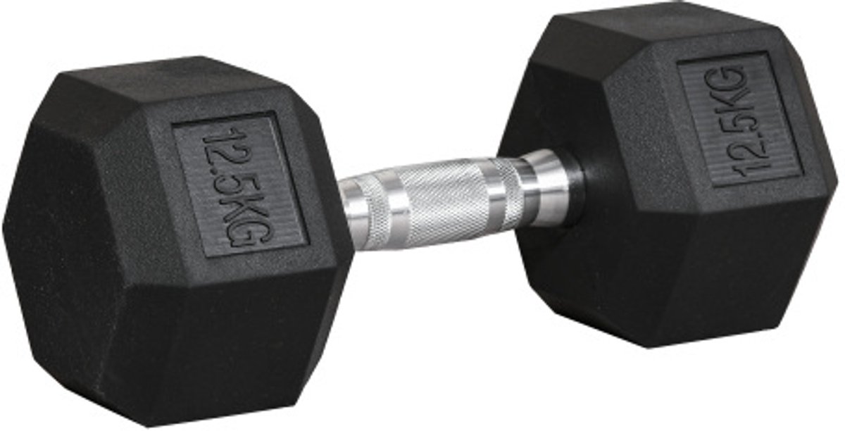 Zeskant dumbbell gietijzer rubber zwart 1 stuks 12,5 kg, geribbeld handvat voorkomt wegrollen voor thuis en sportschool