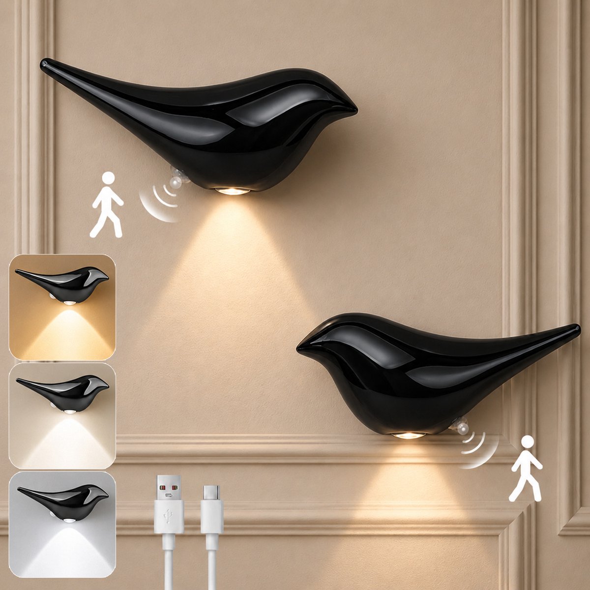 Lapamax 2 Stuks Vogel Wandlamp - Oplaadbaar Nachtlampje met Bewegingssensor - Magnetische Muurlamp - 3 Lichtkleuren - Slaapkamer, Gang, Trap - Zwart