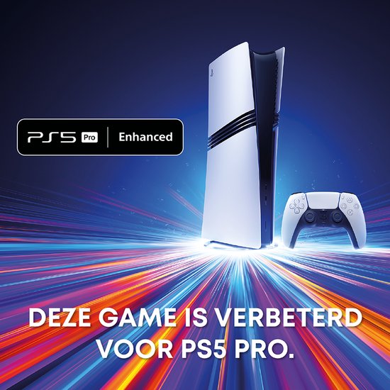 PlayStation 5 Pro console en controller met "PS5 Pro Enhanced" logo en tekst "DEZE GAME IS VERBETERD VOOR PS5 PRO".
