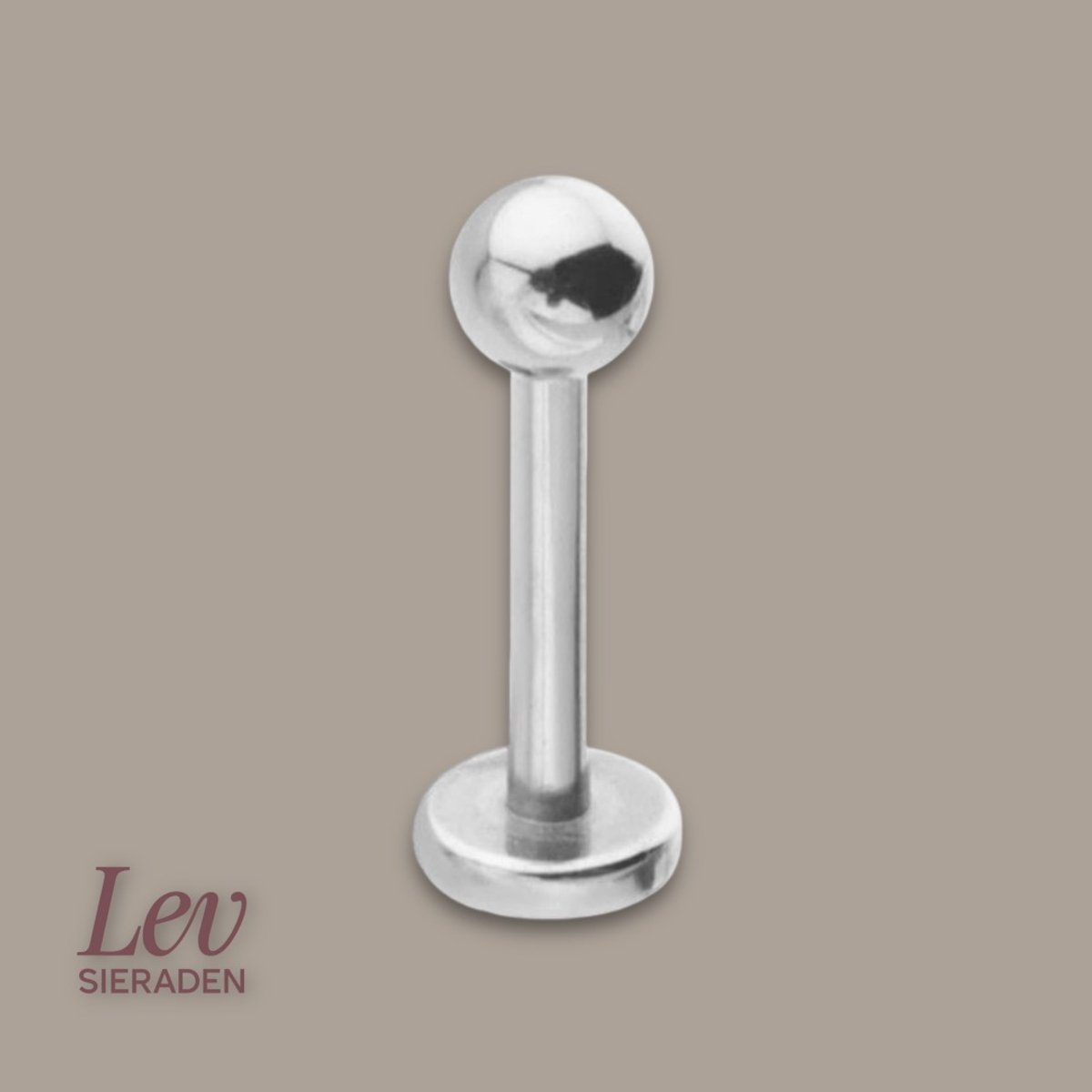 Lev Sieraden - 1.2mm x 8mm labret piercing - 3mm top - 925 Gerhodineerd zilver - Sterling silver piercing